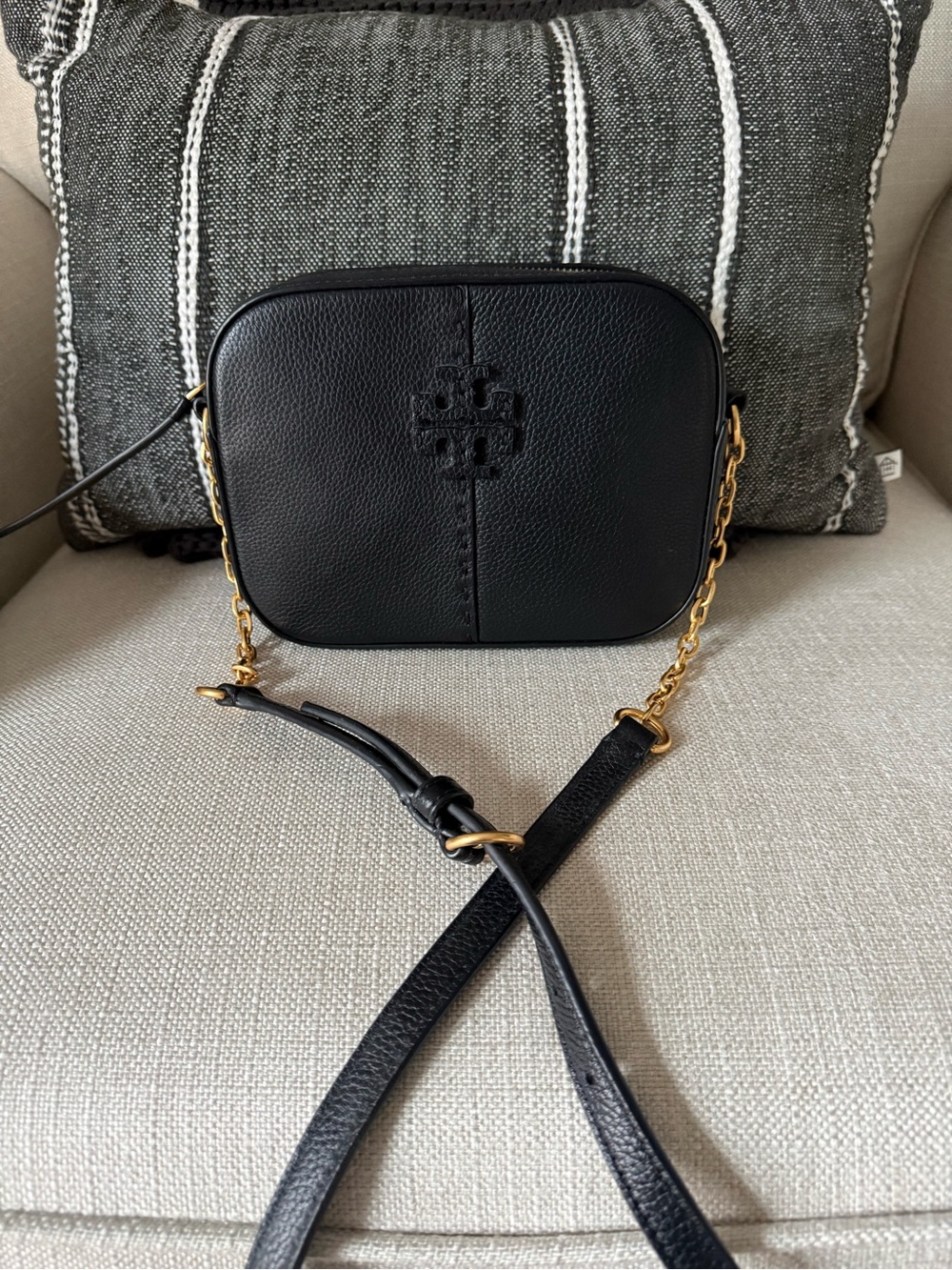 Tory Burch Black Leather Camera Crossbody with Gold Chain